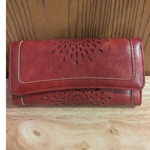 APHISON Red Laser Cut Floral Vegan Leather Trifold Clutch Wallet Organizer